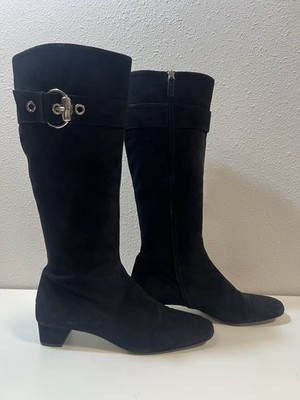 Gucci Knee High Boots 10 Low Heels Black Suede Harness Horsebits Logos Buckles