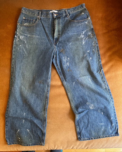 HELMUT LANG PAINTED JEANS wide leg cropped SIZE 38 BIG denim