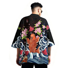Niepce Men's Japanese Graphic Lightweight Koi Paradise Kimono Cardigan Shirt Top