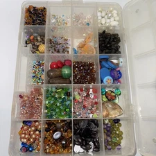 New And Used Beads in Plastic divider box, Stone, Glass, Plastic, Wood 2 Pounds