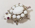Vintage Juliana Turtle Brooch White Milk Glass AB Rhinestone