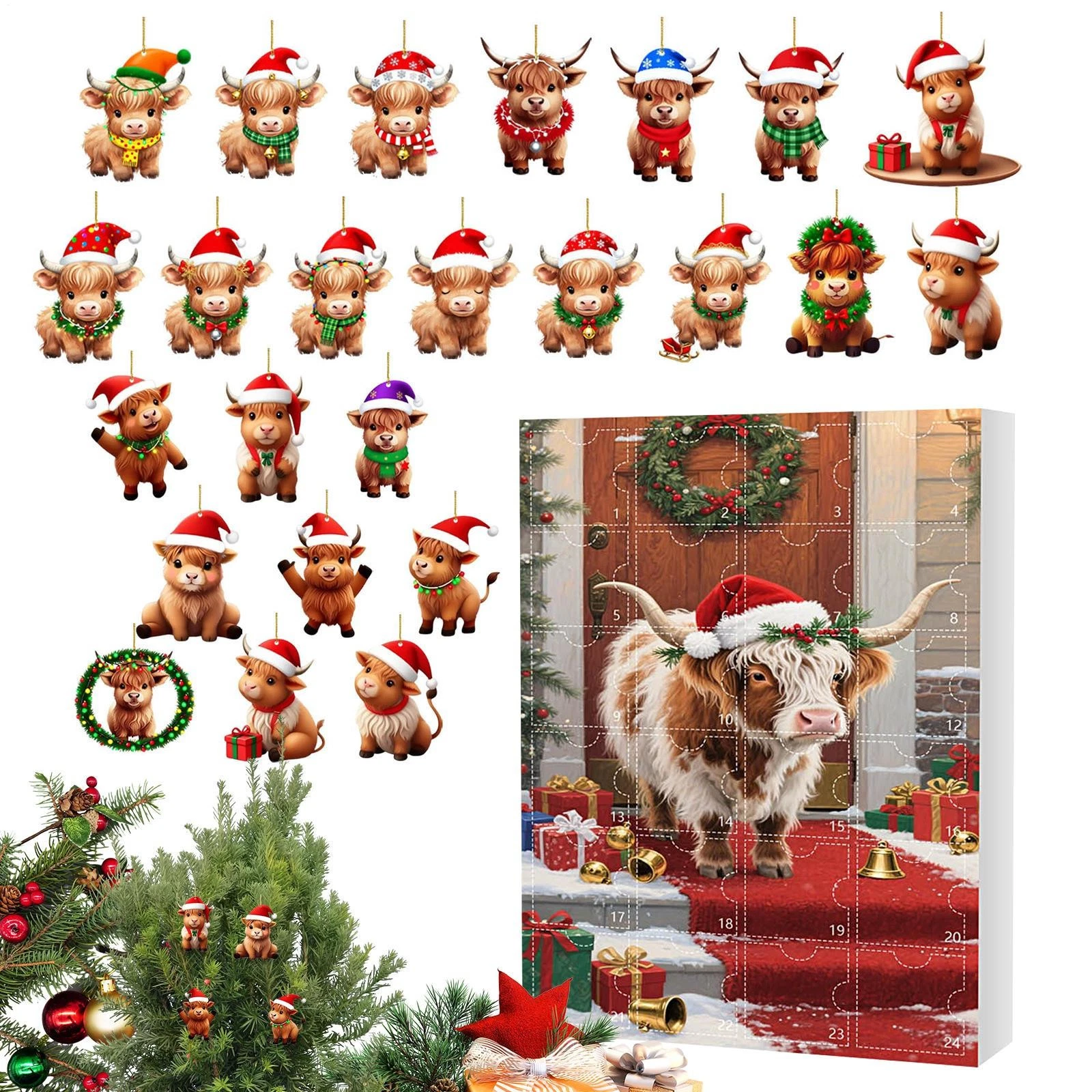 Highland Cow Advent Calendars 2D Flat Acrylic Highland Cow 24 Days Pendant