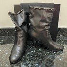 CHANEL BLACK LAMSKIN LEATHER SILVER CHAIN PULL ON BOOTIES LOW HEEL SZ 39 — photo 4