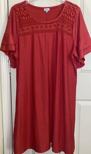 Avenue Women's Plus 26/28 Red Dress Crochet Top Short Bell Sleeves Textured - 第 1/7 張圖片
