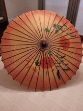 Beautiful Antique All Wood  Rice Paper Japanese Floral Umbrella