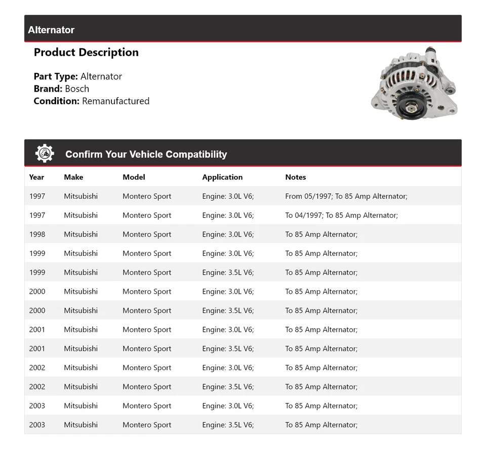 适用于 1997 - 2003 年三菱 Montero Sport Bosch 交流发电机(重新制造)1998 — 第 2/4 张图片