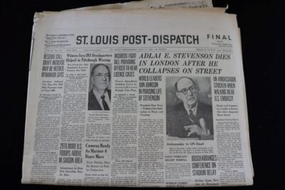 ADLAI STEVENSON Tod 14. Juli 1965 St. Louis Post Dispatch Abschnitt A & C