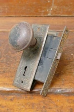Antique Ornate Metal Door Knob Set With Back Plates and Lock Mortise Assembly
