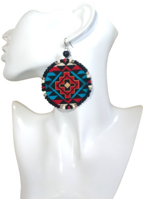 Beaded Native Pattern Fabric Earrings Large Round Colorful