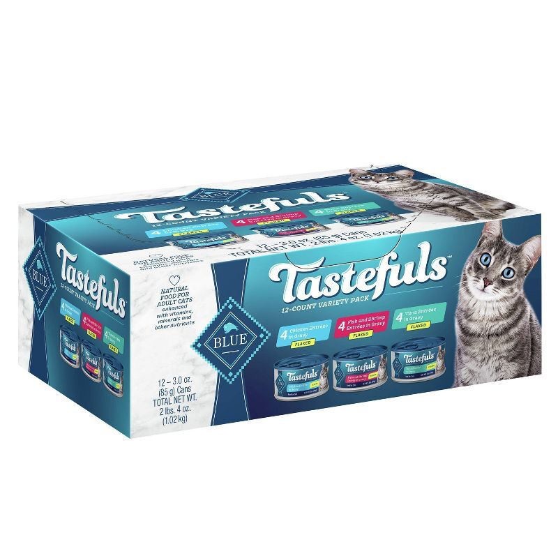 Blue Buffalo Tastefuls Natural Flaked Wet Cat Food Variety Pack Tuna Chicken Fish 3oz 12 Cans