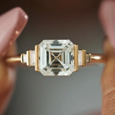 2 Ct Asscher Simulated Diamond Women Wedding Party Ring 14K Yellow Gold plated