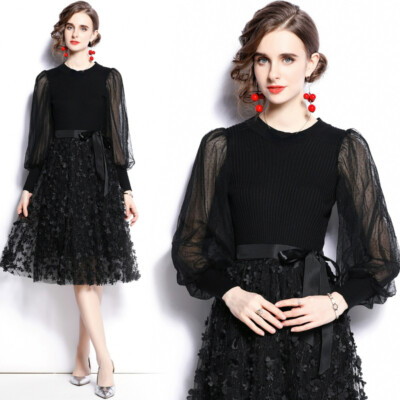 Ladies Knitted 3D Floral Embroidery Dress Layered Puff Sleeve Elegant Casual