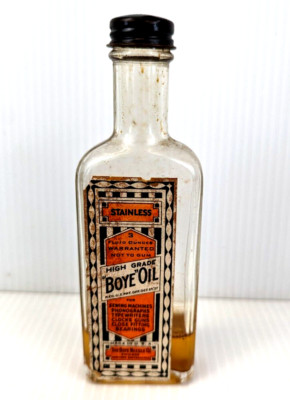 Vintage Boyle Oil Bottle Paper Label Twist Cap Clocks Typewriters Sewing Machine