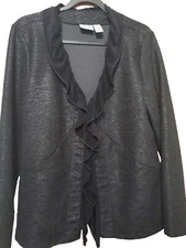 Chico's Cardigan jacket Black hook Front Medium weight Size 2 textured  ruffel