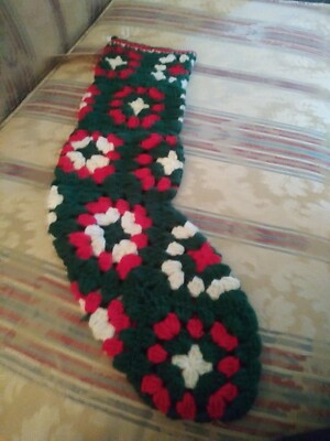 Hand Made Crochet Christmas Stocking Holiday Red Green White 23.5 Inches EUC