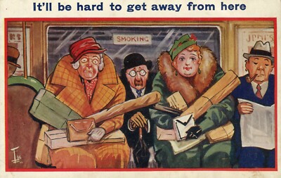 Urlaub überfüllt Zug Reisen U-Bahn Comic Postkarte unbespielt