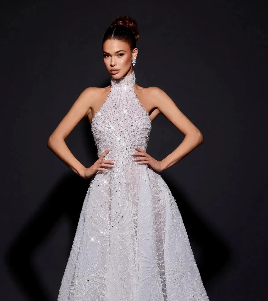 Luxury A-Line Wedding Dresses Halter Neck Backless Lace Beaded Beach Bridal Gown - Image 3 of 4