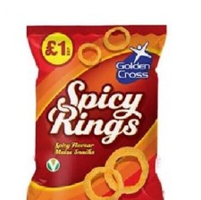 Golden Cross Spicy Rings 16 x 70g Full Box Crisps Corn Snacks Spicy Flavour Corn