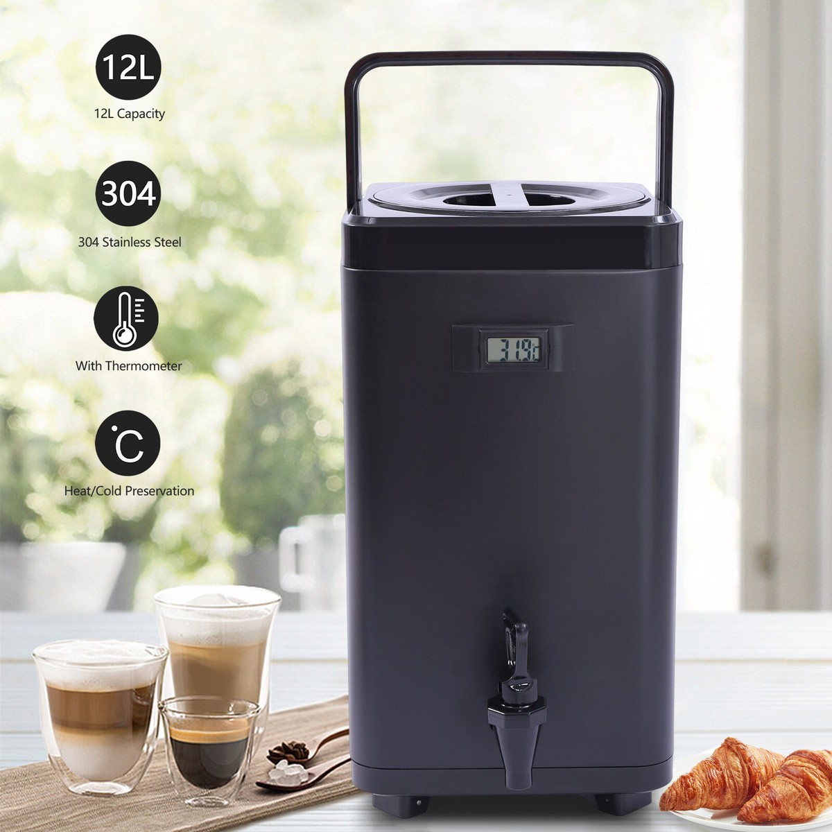 Goudergo 12L Square Insulated Beverage Dispenser With Faucet,304 Stainless Steel