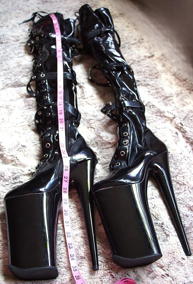 Pleasers Botas Negras 10" pulgadas Tacón de Aguja Hasta el Muslo Plataforma Charol 9 Foto 3 de 4