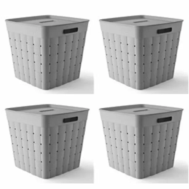 Storage Basket Weave Large Plastic Bin Cut Out Handles With Lid 4Count Grey