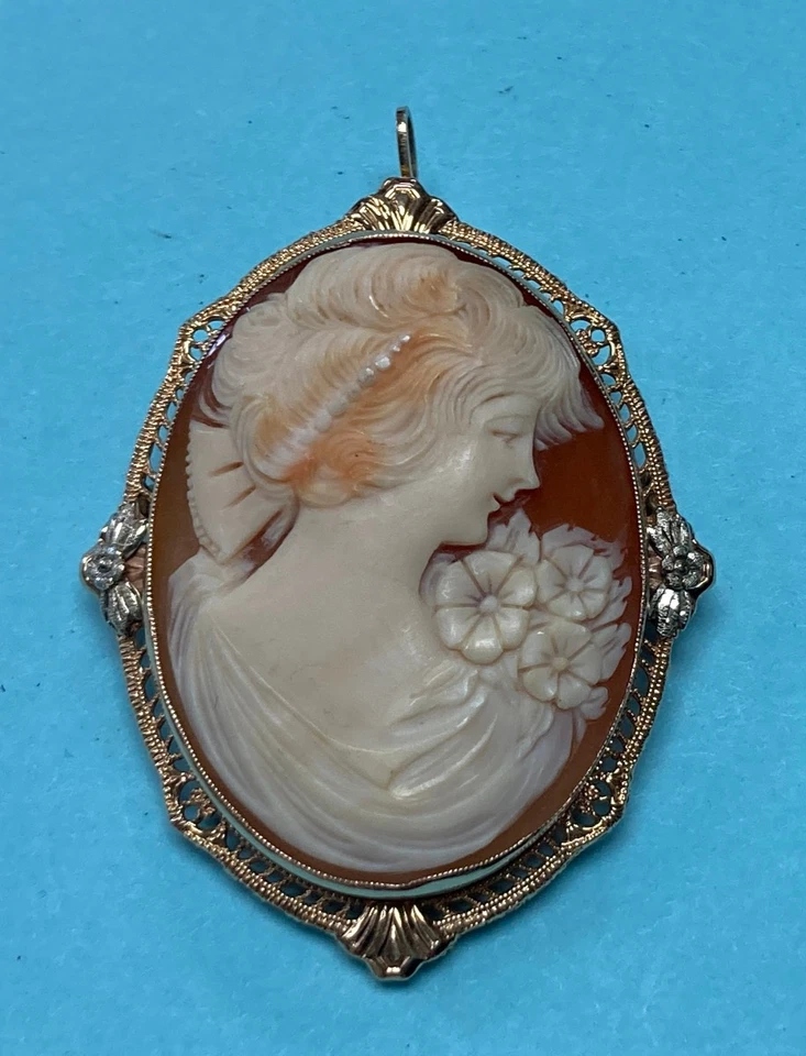 Broche colgante grande antiguo Art Nouveau tallado en oro amarillo de 10 quilates camafeo dama 4