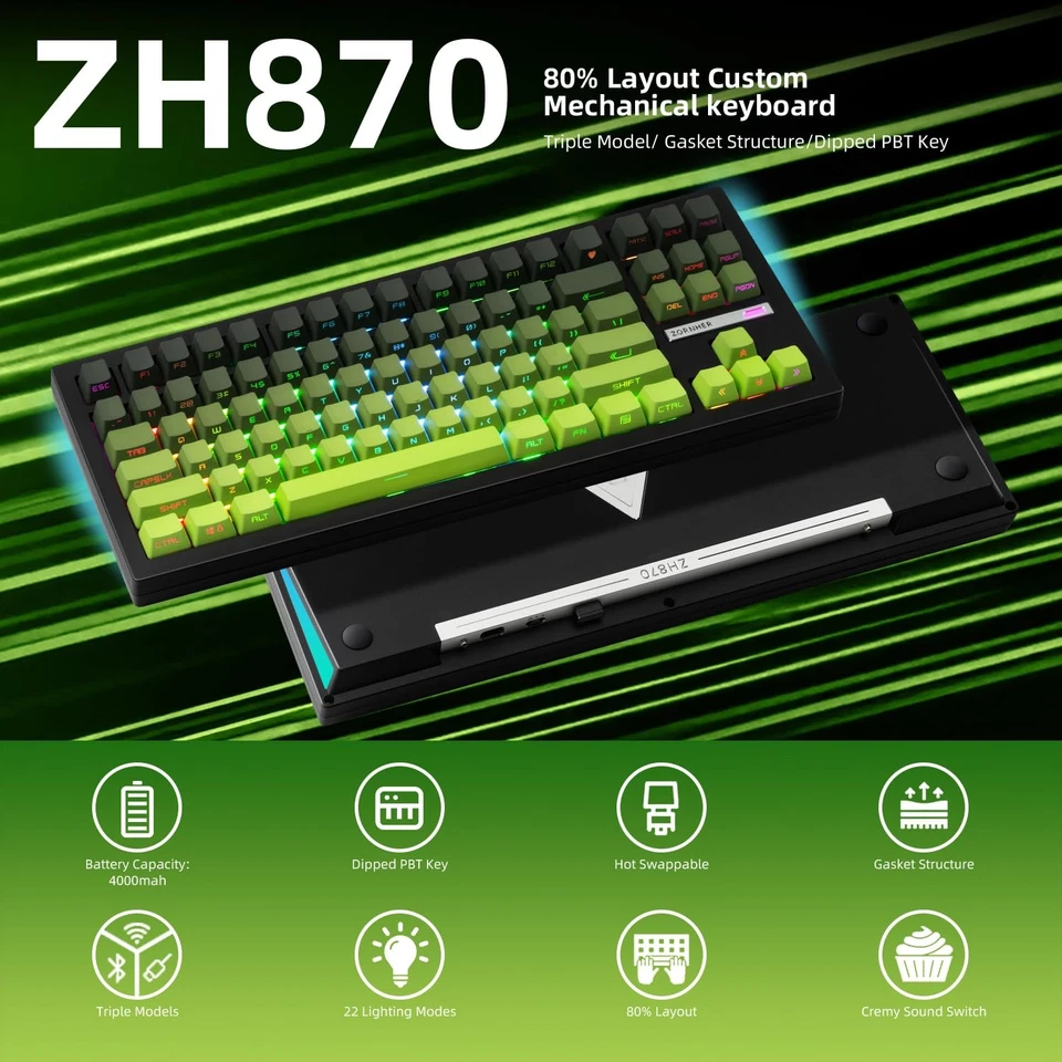 ZH870 Wireless Mechanical Gaming Keyboard,80% Green Custom Creamy Sound Keybo... - Image 2 of 4