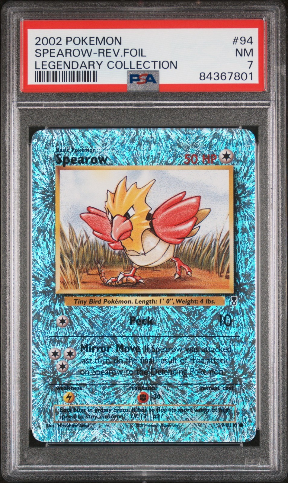 2002 Pokemon Legendary Collection Spearow 94 /110 Reverse Holo Foil PSA 7 NM