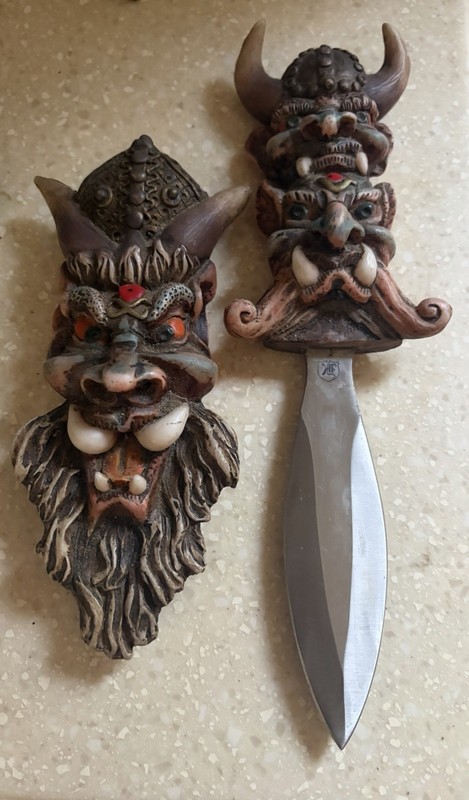 Fantasy Guardian Demon Mask Wall Plaque & Dagger Letter Opener Set Gothic Resin