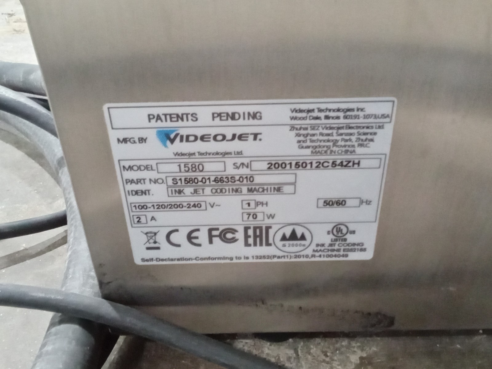 Videojet Ink Jet Coding Machine - Model 1580 PART NO. S1580-01-663S-010 (K10B)