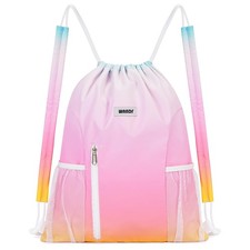 Rainbow Drawstring Backpack Shoulder Pad Sports Gym Mesh Pocket String Bag