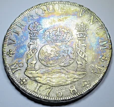 1768 XF-AU Mexico Silver 8 Reales Spanish Colonial Pirate Pillar Dollar Coin
