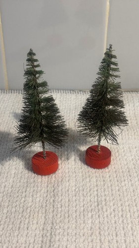 Lot of 2 Vintage Bottle Brush Christmas Trees 4in Red Wood Bases