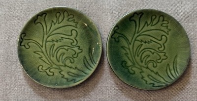 Set of 2 Vintage Glaze Green Coaster  Plate  5  