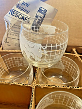 Set Of 4 Vintage NESCAFE World Globe Glasses Cups Frosted Map 1970s ORIGINAL BOX