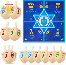 12 PCS Hanukkah Wood Dreidels Set, Natural Wooden Dreidels with English Translit