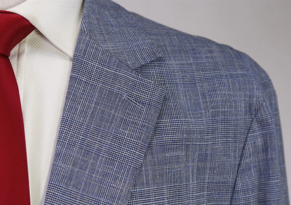 Hugo Boss Mens Blue Plaid Wool Cotton Linen Patch Pocket Slim Fit Suit 46R - Image 4 of 4