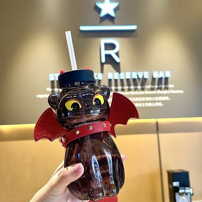 Starbucks China Halloween Black Cat Shaped 19oz Glass Straw Cup Tumbler-hot