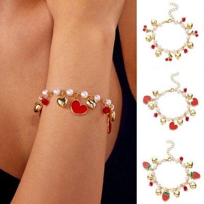 Stylish Women s Adjustable Pearls Bracelet with Sweet Fruit and Heart Charm
