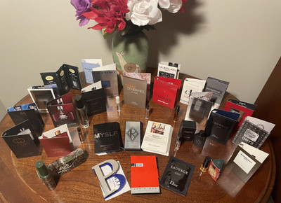 36 MENS SET/LOT PERFUME FRAGRANCE SAMPLE~ 28 VIALS+3 TRIAL SIZE+4 PACKETS+1 MINI