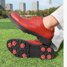 Threston Mens 12 Red Fashion Golf Shoes Outdoor Leather Formal Spiked Golfing