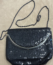 Black Beaded Evening Bag with Gold Chain Accent, Chain Strap, and Gold Trim