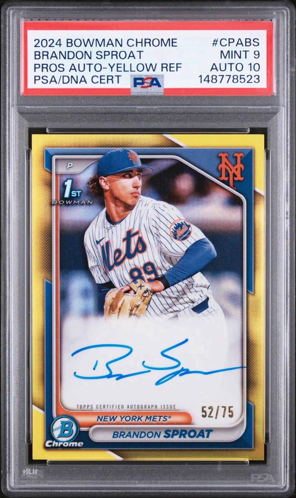 2024 Bowman Chrome Prospect Autographs Brandon Sproat CPA-BS Yellow Ref PSA 9/10