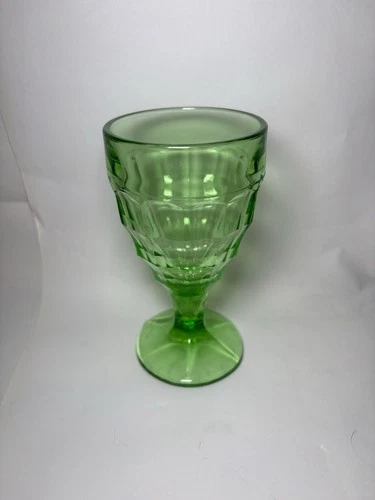 Hazel Atlas Colonial Block Water Goblet 5 3/4” Green Uranium Depression Glass