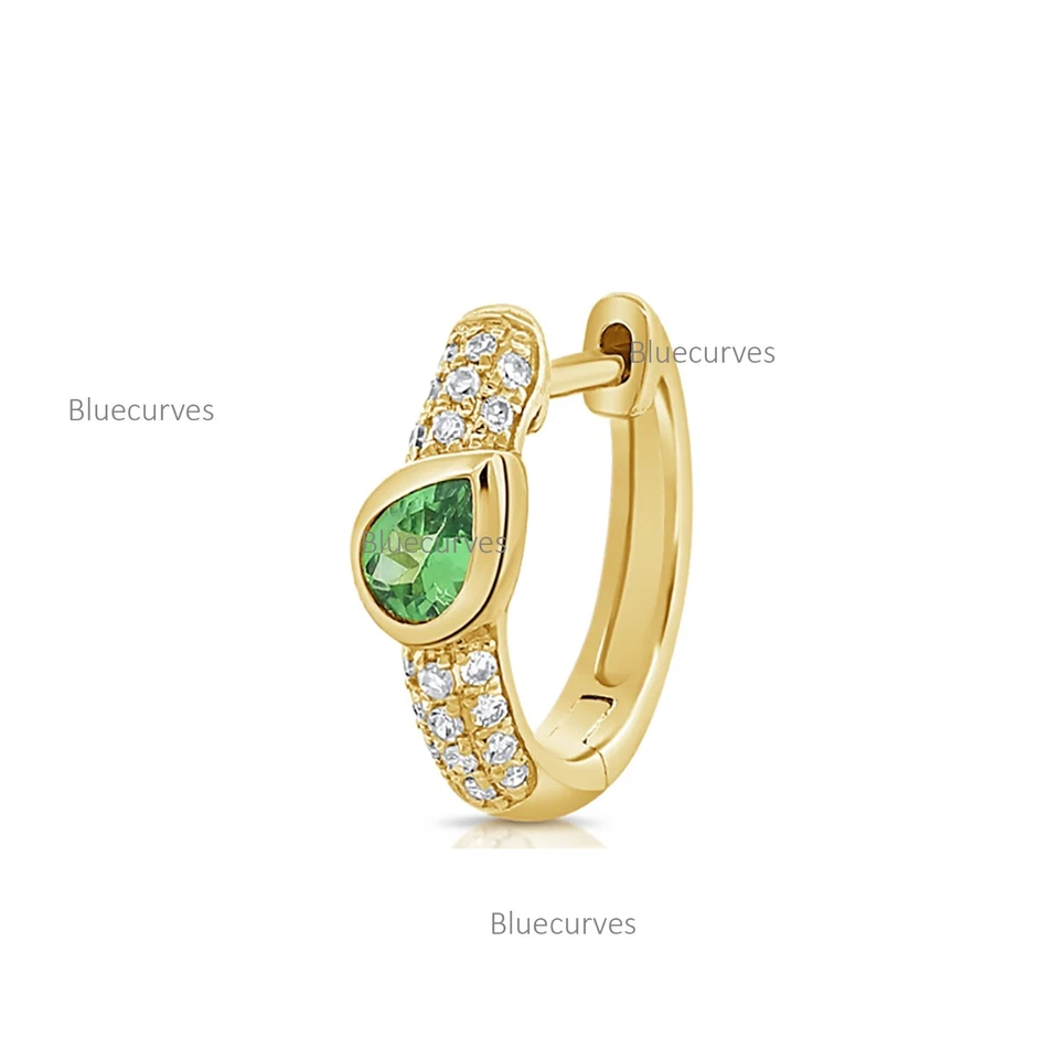 Pear Cut Peridot Gemstone &Pave Natural Diamond Hoop Earrings in 14k Yellow Gold - Image 4 of 4