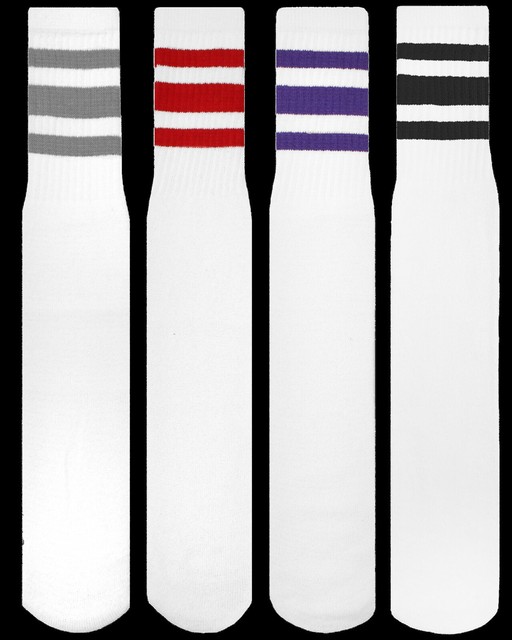 4 PAIRS RETRO WHITE TUBE SOCKS COTTON MIXED STRIPES OLD SCHOOL THROW
