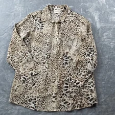 Chico's Shirt Women 2 Cream Brown Leopard Print No Iron 100% Cotton Button Front