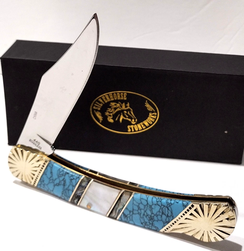 Frost Cutlery Genuine White Mother Of Pearl Blue Turquoise Folding Pocket Knife - Image 2 of 4