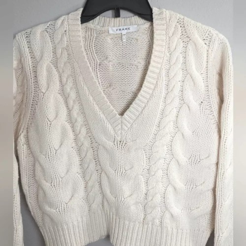 FRAME IvoryOffWhite Cable Knit V-NeckCroppedLongSleevePullover Sweater Sz XS$429 - Picture 18 of 22