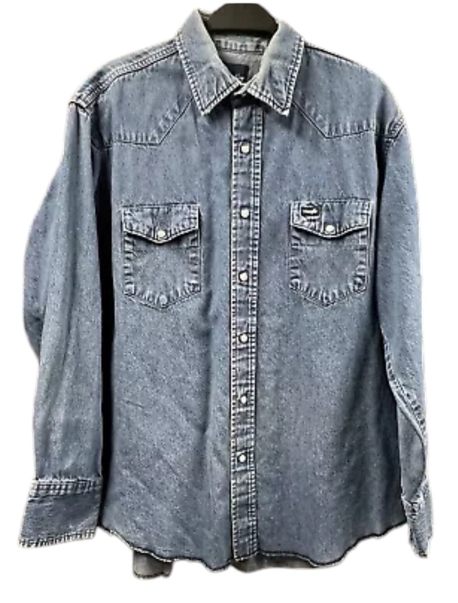 VTG Wrangler Mens Shirt Jacket 25.5x31 Blue Denim Pearl Snap Work